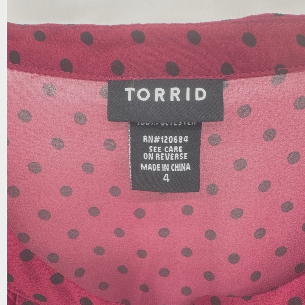 Torrid Womens Blouse 4 Burgundy Polka Dot Ruffle Smocked Waist Chiffon Top - Picture 4 of 7
